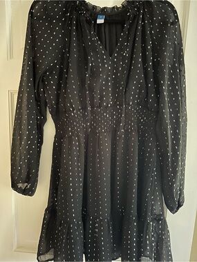 Old Navy Black Sheer Long-Sleeve Smocked Waist Dress with Silver Dot Print